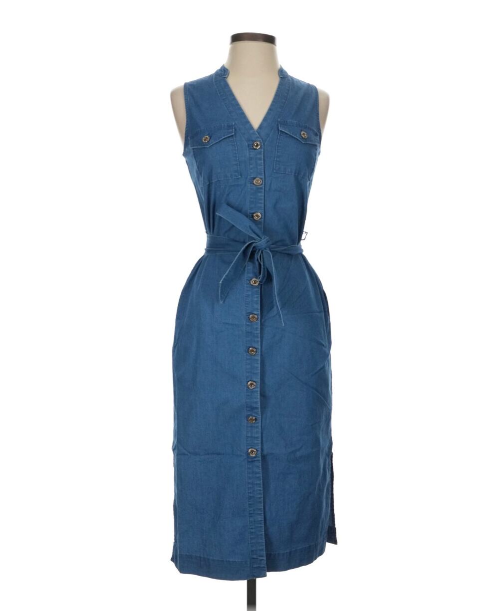 White House Black Market WHBM Tie Waist Midi Denim Blue Dress